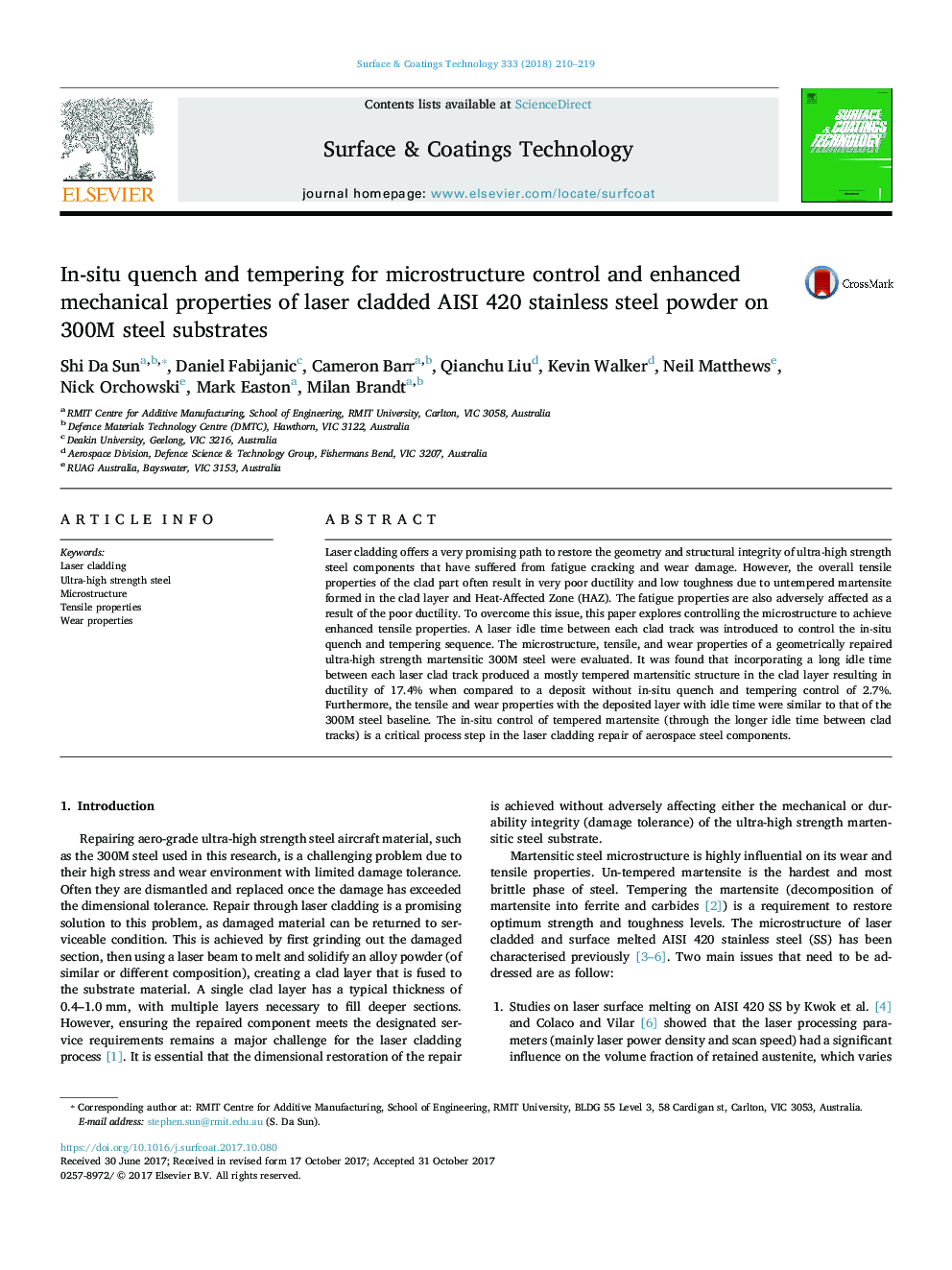 In-situ quench and tempering for microstructure control and enhanced mechanical properties of laser cladded AISI 420 stainless steel powder on 300M steel substrates