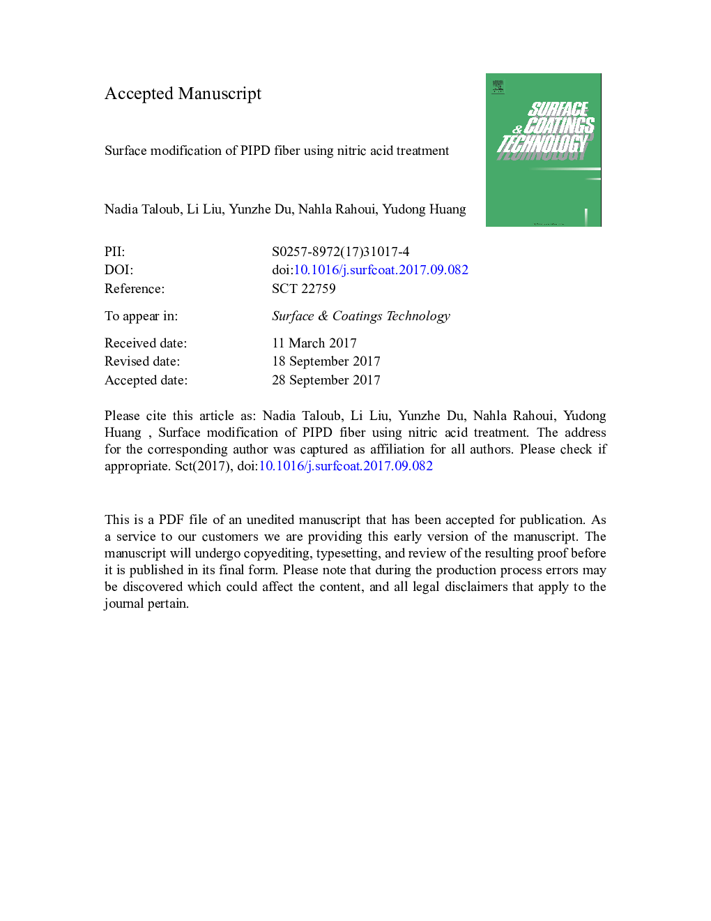 Surface modification of PIPD fiber using nitric acid treatment