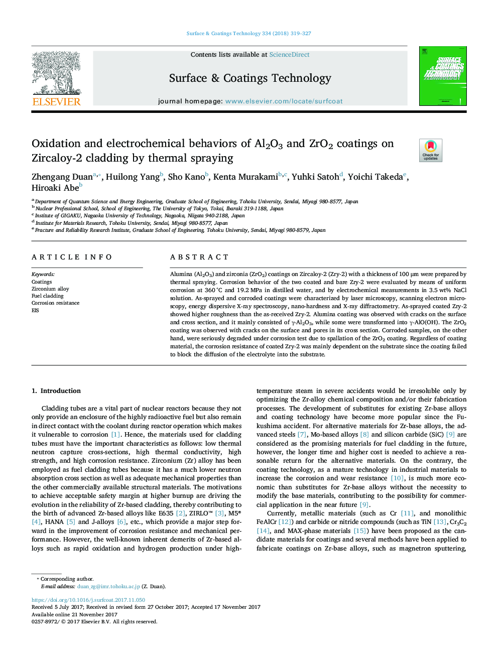 عکس صفحه اول مقاله: Oxidation and electrochemical behaviors of Al2O3 and ZrO2 coatings on Zircaloy-2 cladding by thermal spraying Oxidation and electrochemical behaviors of Al2O3 and ZrO2 coatings on Zircaloy-2 cladding by thermal spraying