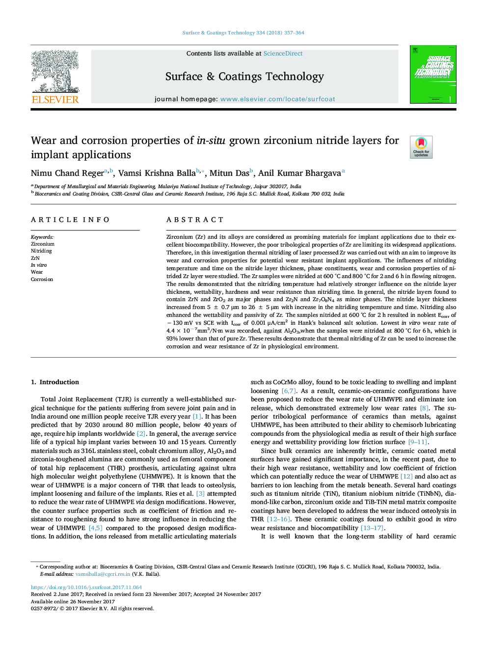 Wear and corrosion properties of in-situ grown zirconium nitride layers for implant applications