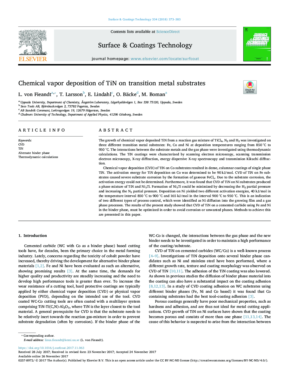 Chemical vapor deposition of TiN on transition metal substrates