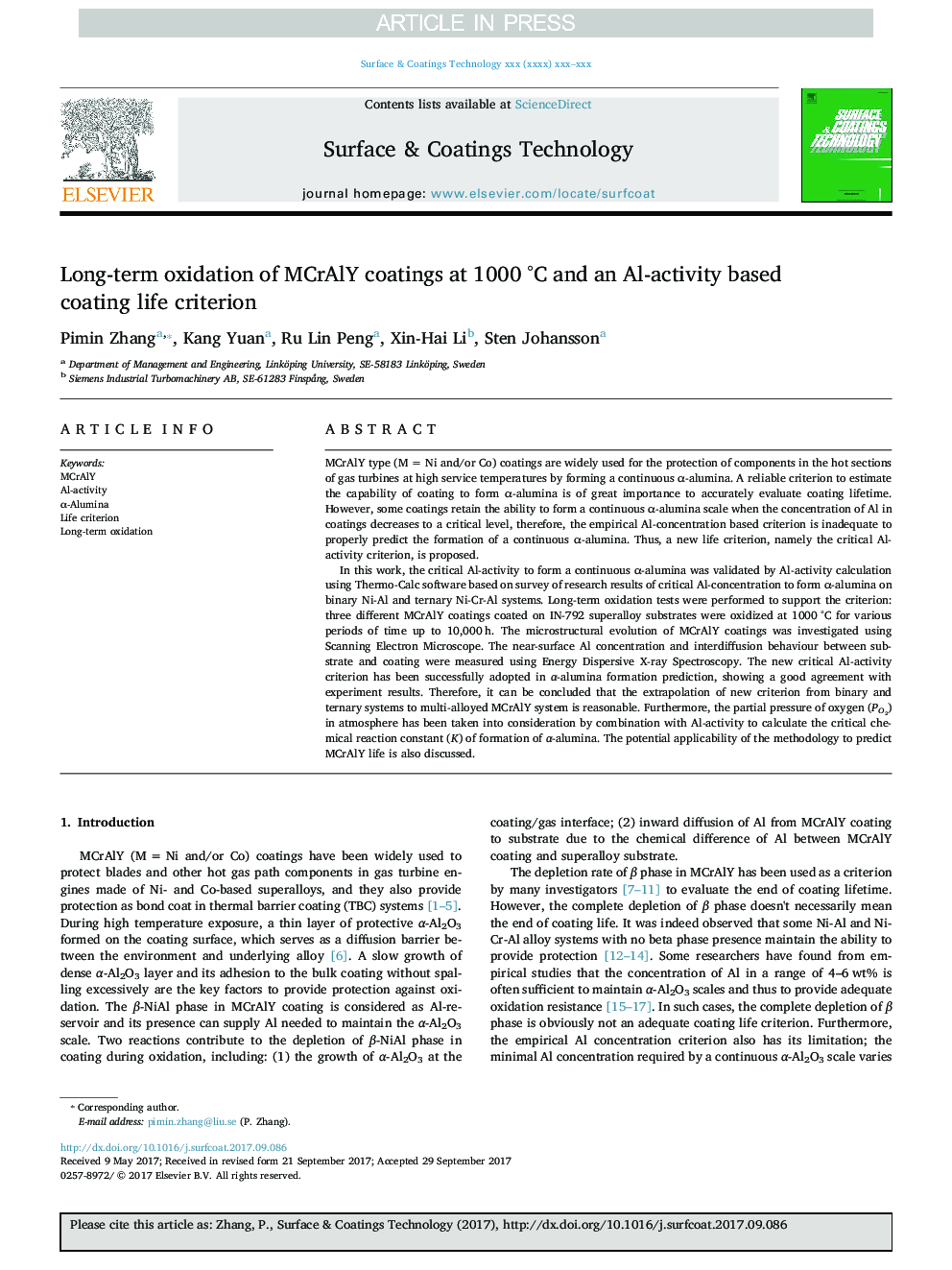 Long-term oxidation of MCrAlY coatings at 1000Â Â°C and an Al-activity based coating life criterion