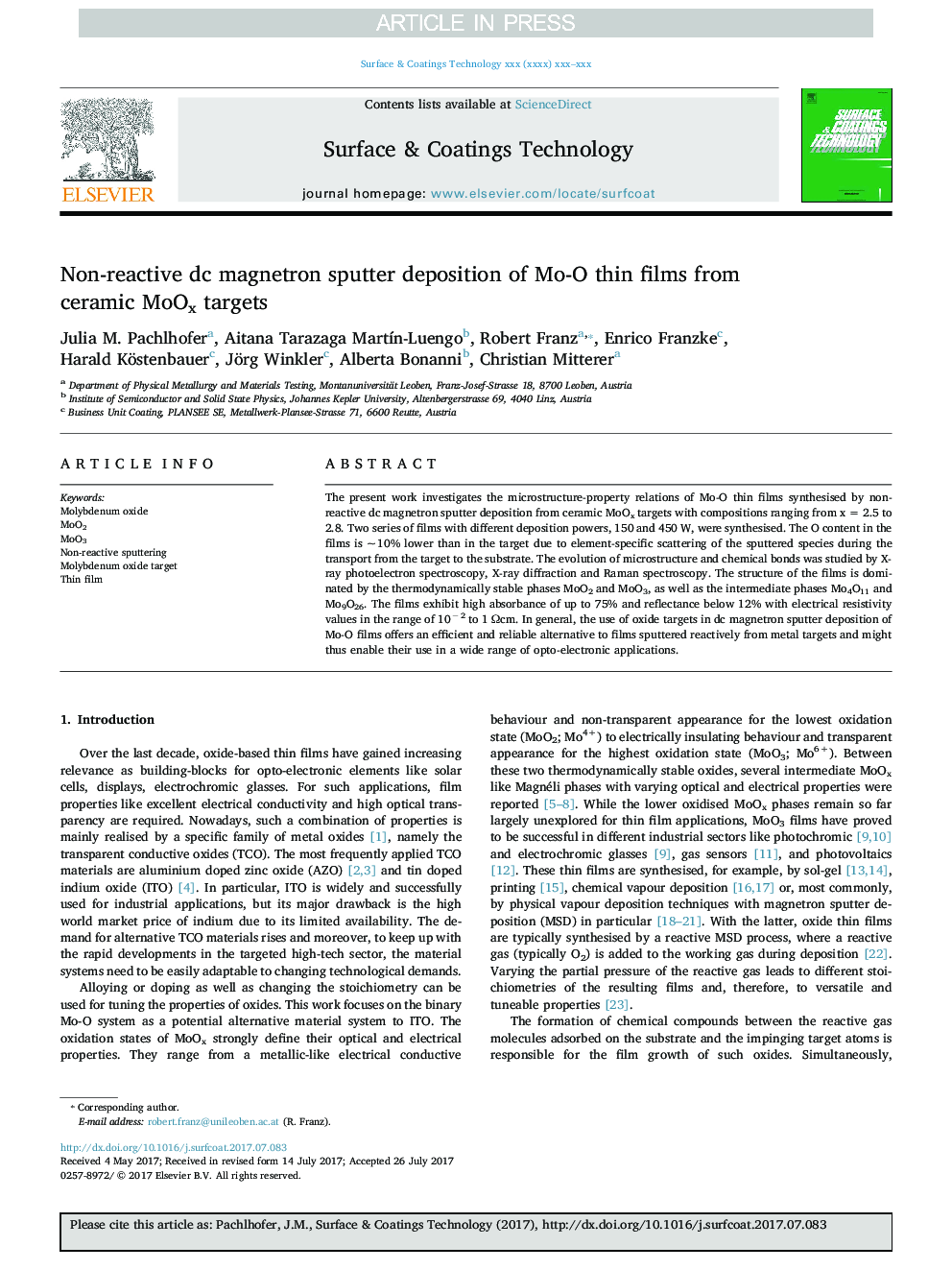 Non-reactive dc magnetron sputter deposition of Mo-O thin films from ceramic MoOx targets