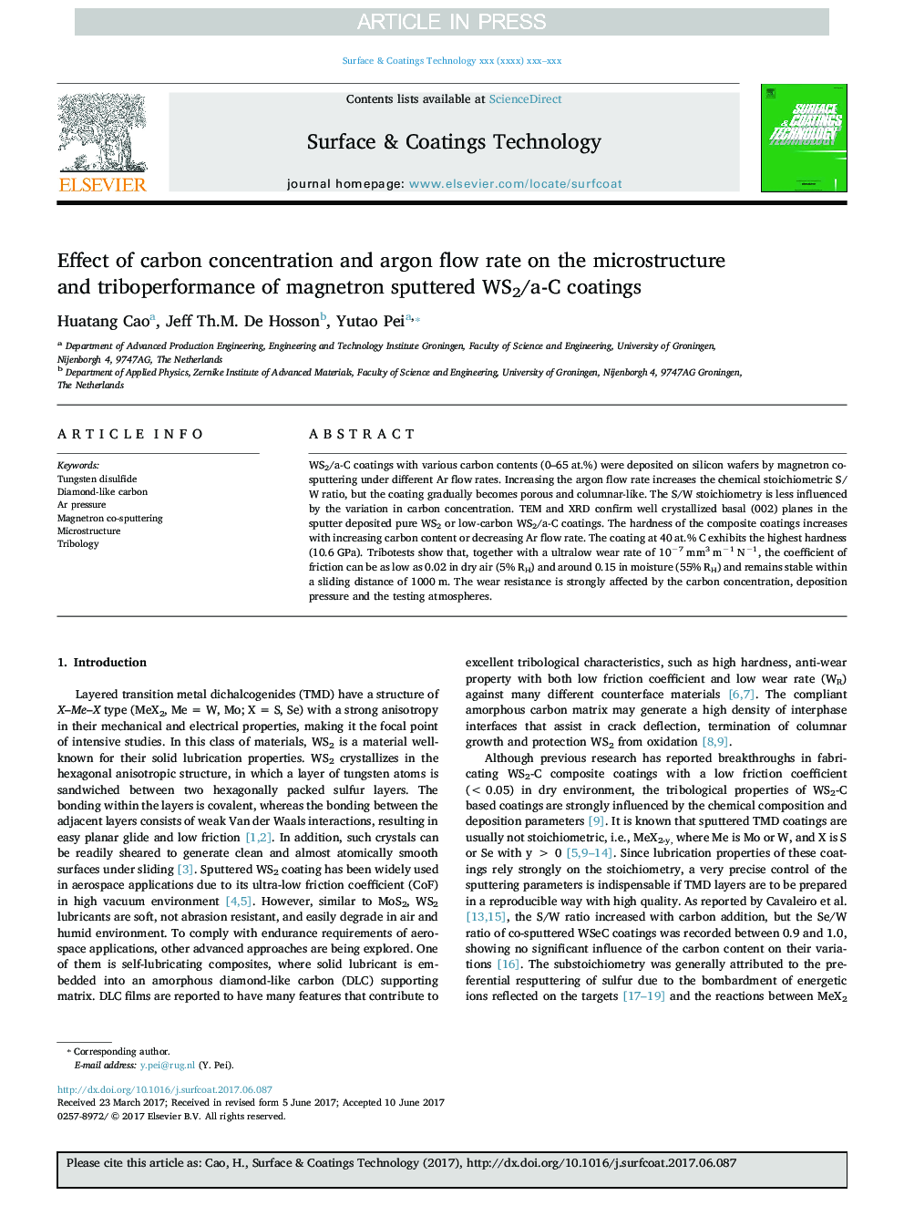 Effect of carbon concentration and argon flow rate on the microstructure and triboperformance of magnetron sputtered WS2/a-C coatings