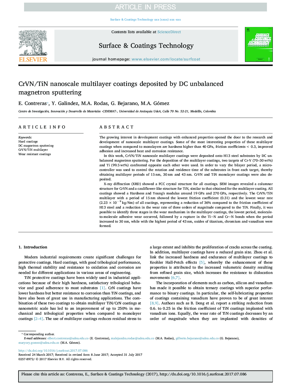 CrVN/TiN nanoscale multilayer coatings deposited by DC unbalanced magnetron sputtering