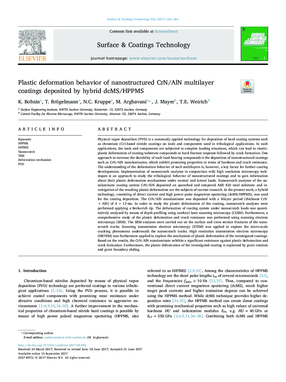 Plastic deformation behavior of nanostructured CrN/AlN multilayer coatings deposited by hybrid dcMS/HPPMS