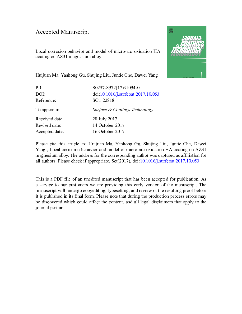 عکس صفحه اول مقاله: Local corrosion behavior and model of micro-arc oxidation HA coating on AZ31 magnesium alloy Local corrosion behavior and model of micro-arc oxidation HA coating on AZ31 magnesium alloy