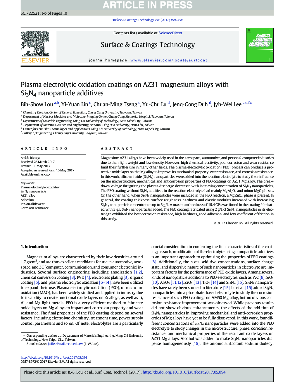 Plasma electrolytic oxidation coatings on AZ31 magnesium alloys with Si3N4 nanoparticle additives