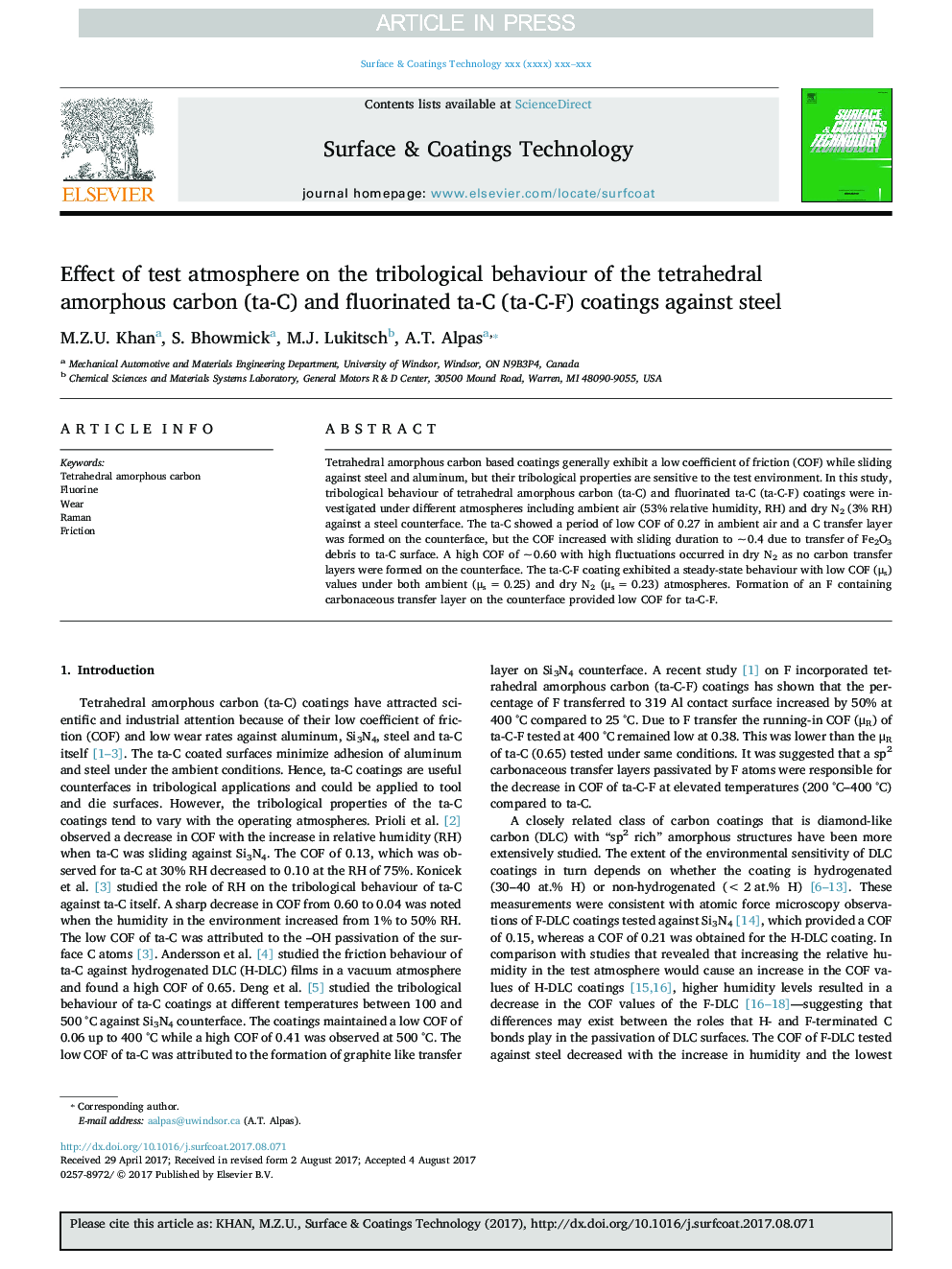 Effect of test atmosphere on the tribological behaviour of the tetrahedral amorphous carbon (ta-C) and fluorinated ta-C (ta-C-F) coatings against steel