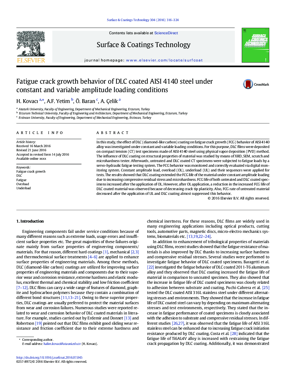 Fatigue crack growth behavior of DLC coated AISI 4140 steel under constant and variable amplitude loading conditions