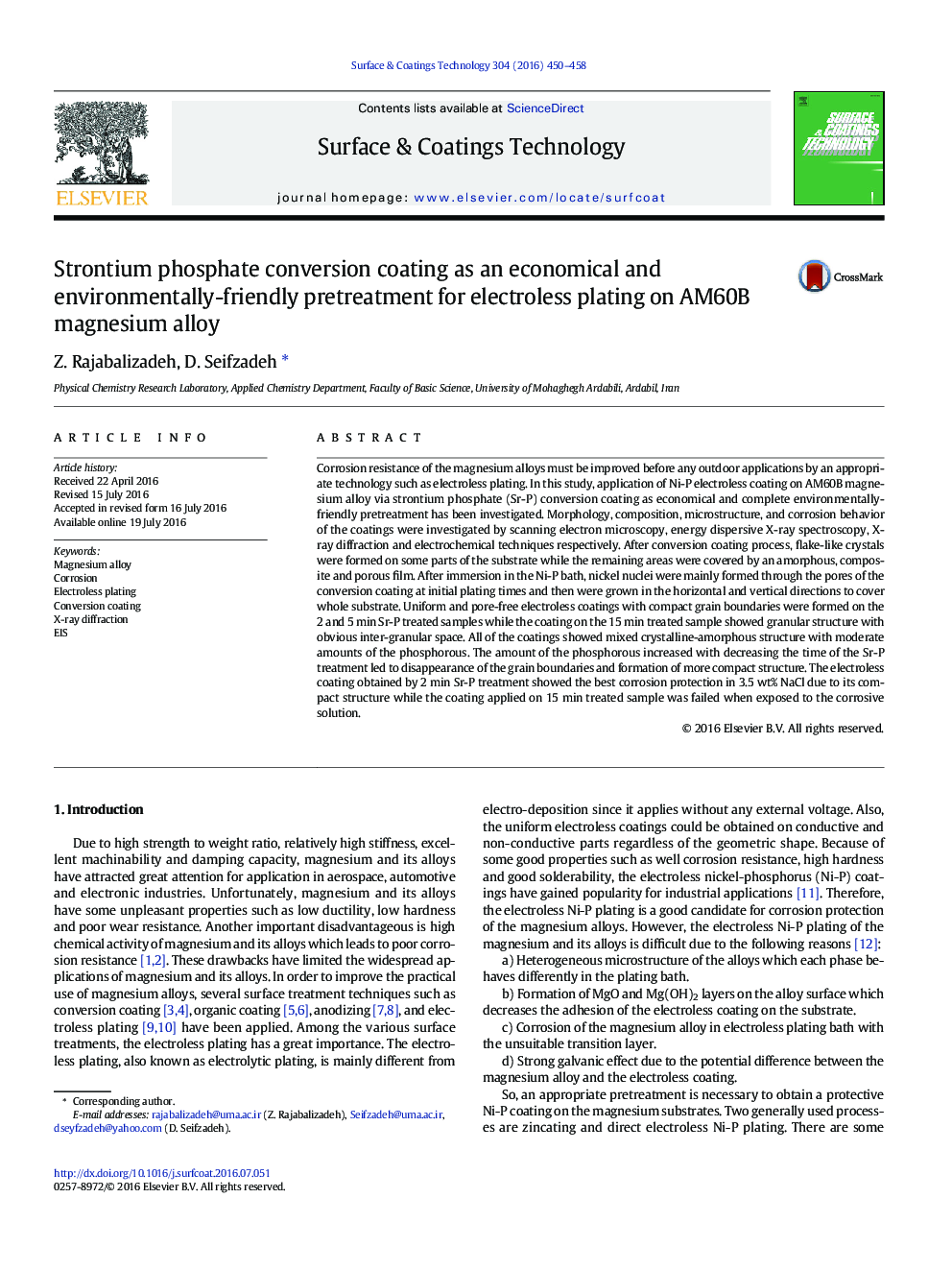 Strontium phosphate conversion coating as an economical and environmentally-friendly pretreatment for electroless plating on AM60B magnesium alloy