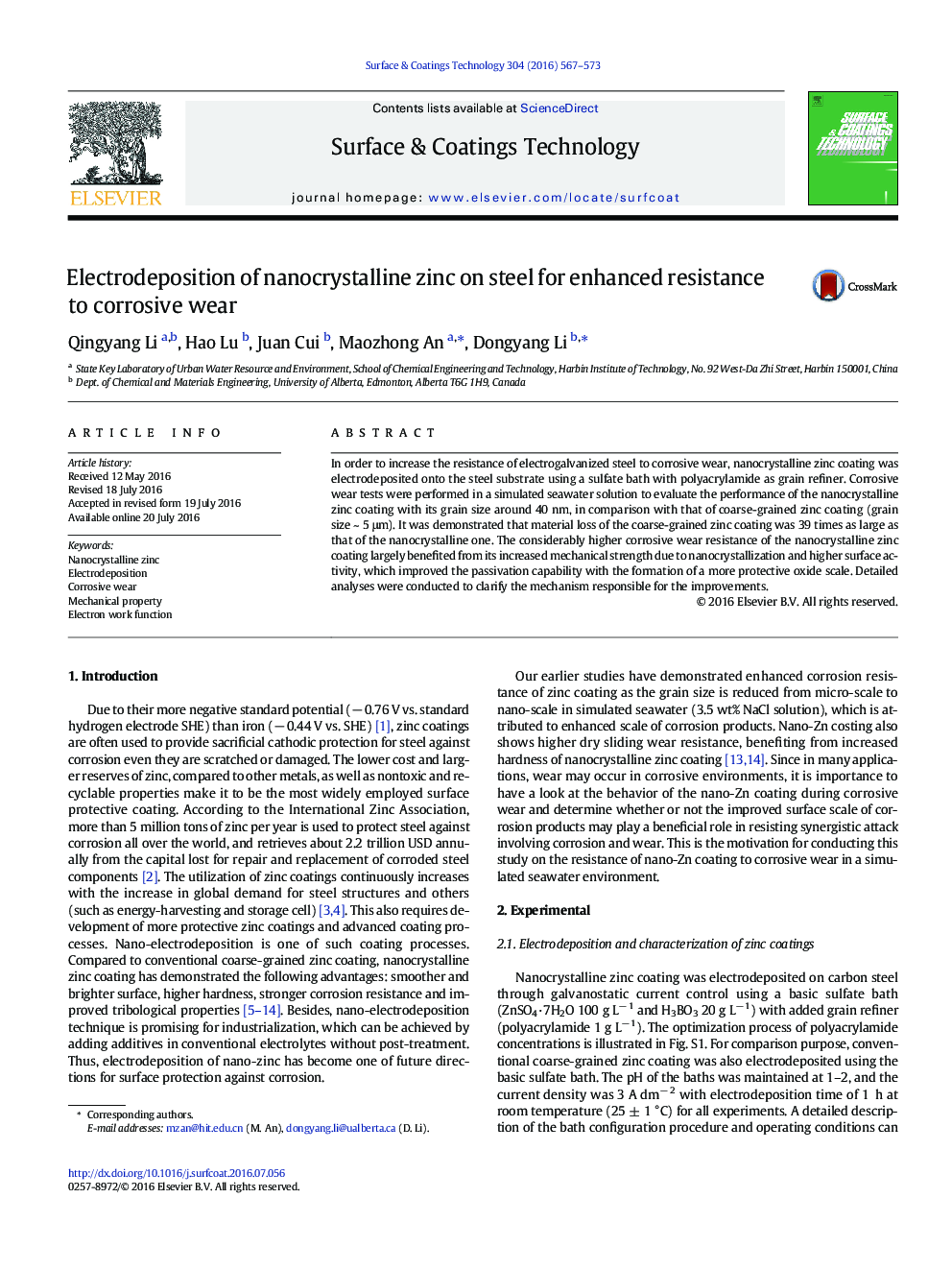 Electrodeposition of nanocrystalline zinc on steel for enhanced resistance to corrosive wear