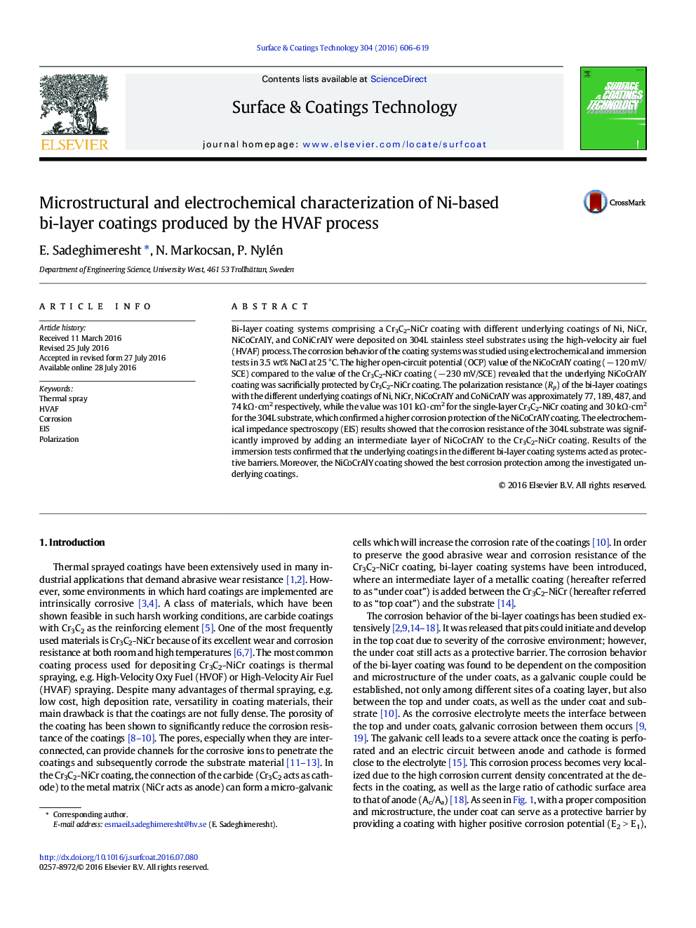 Microstructural and electrochemical characterization of Ni-based bi-layer coatings produced by the HVAF process