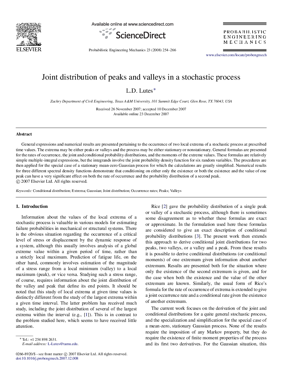 Joint distribution of peaks and valleys in a stochastic process