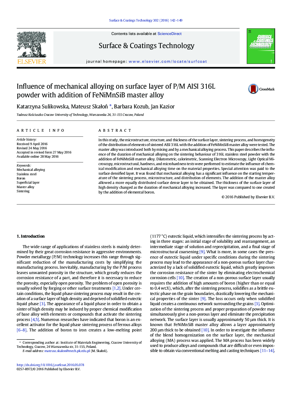 Influence of mechanical alloying on surface layer of P/M AISI 316L powder with addition of FeNiMnSiB master alloy