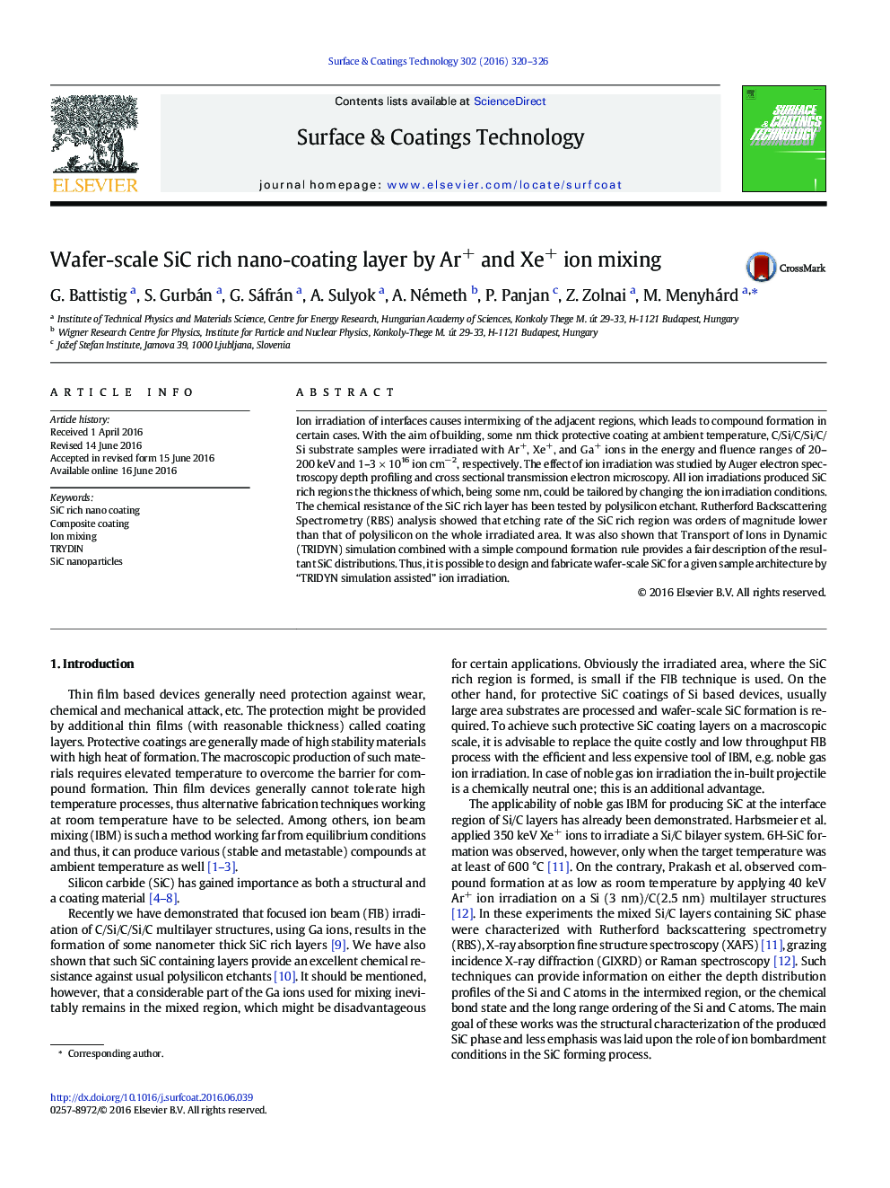 Wafer-scale SiC rich nano-coating layer by Ar+ and Xe+ ion mixing