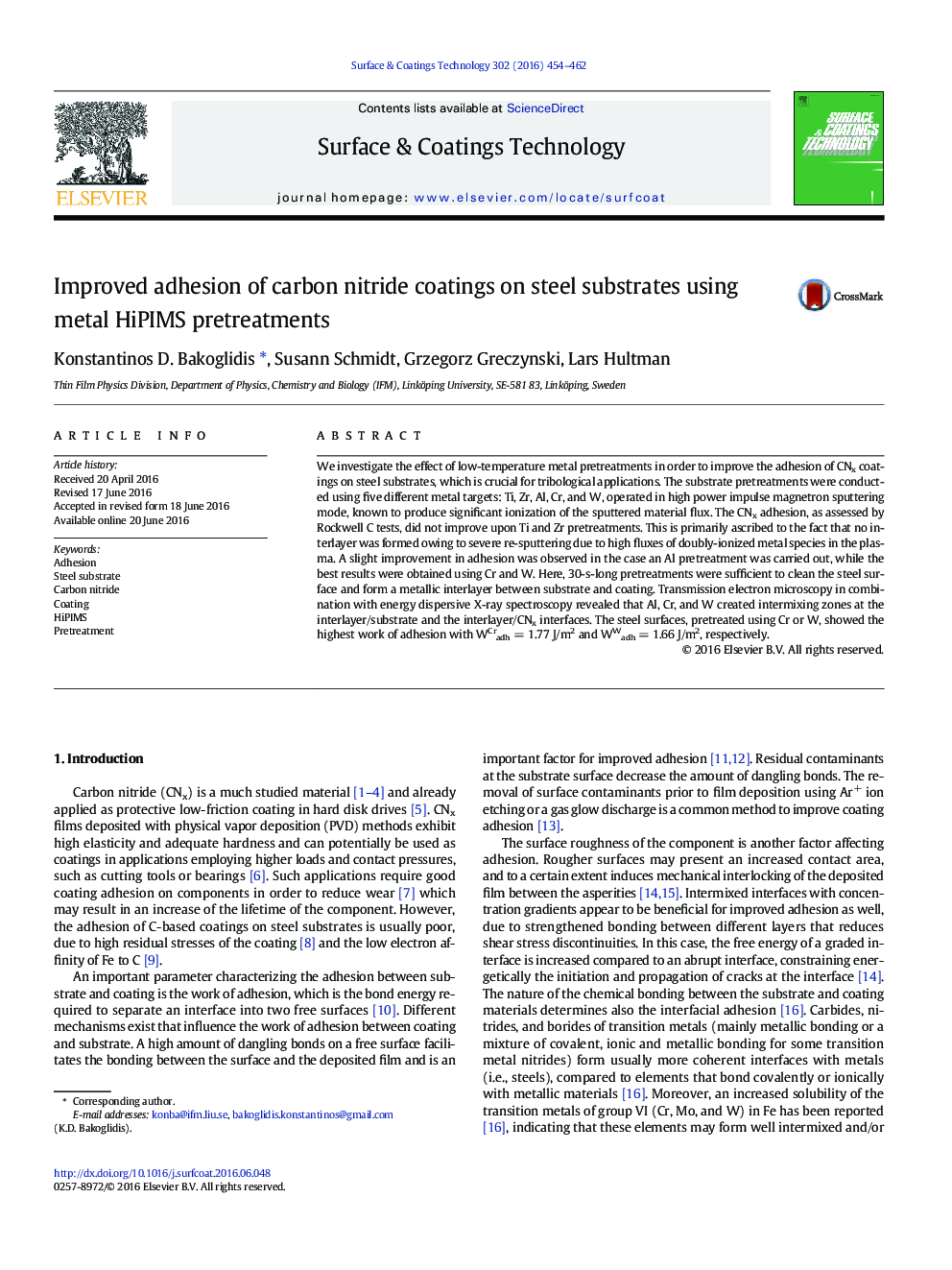 Improved adhesion of carbon nitride coatings on steel substrates using metal HiPIMS pretreatments