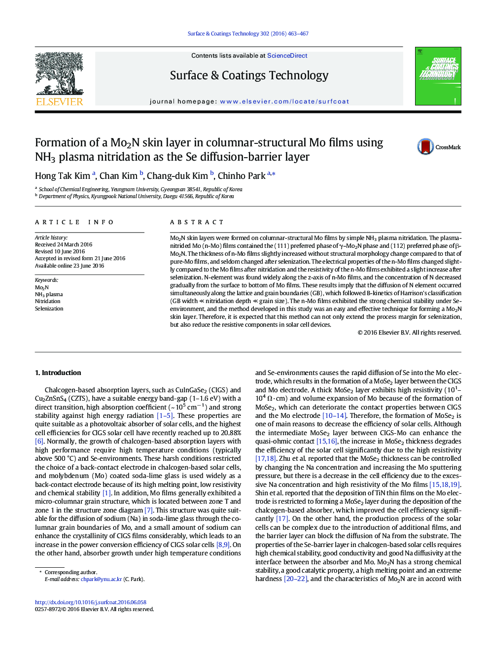 عکس صفحه اول مقاله: Formation of a Mo2N skin layer in columnar-structural Mo films using NH3 plasma nitridation as the Se diffusion-barrier layer Formation of a Mo2N skin layer in columnar-structural Mo films using NH3 plasma nitridation as the Se diffusion-barrier layer