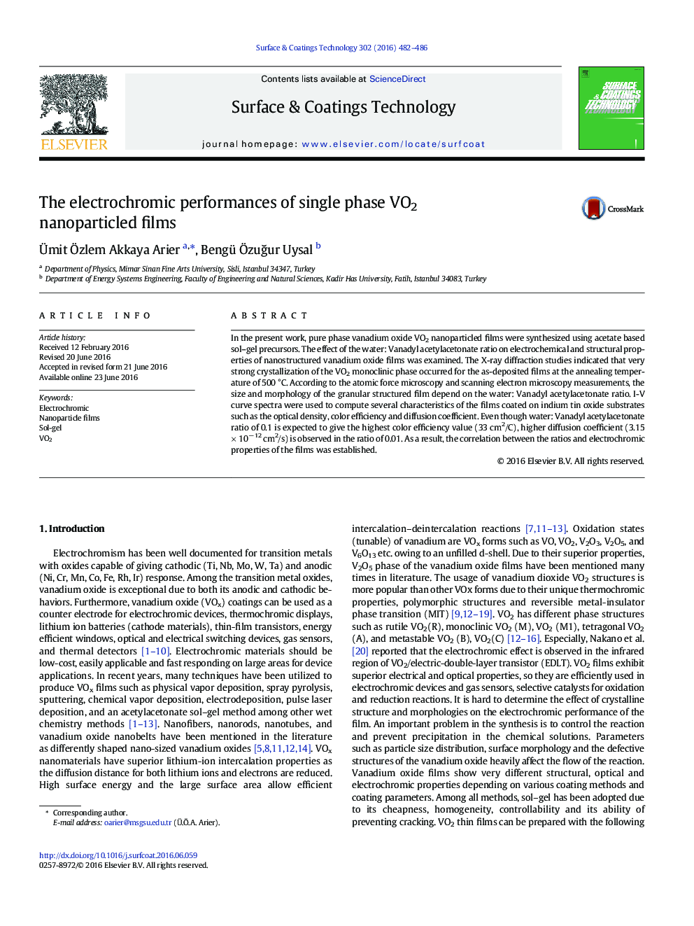 The electrochromic performances of single phase VO2 nanoparticled films