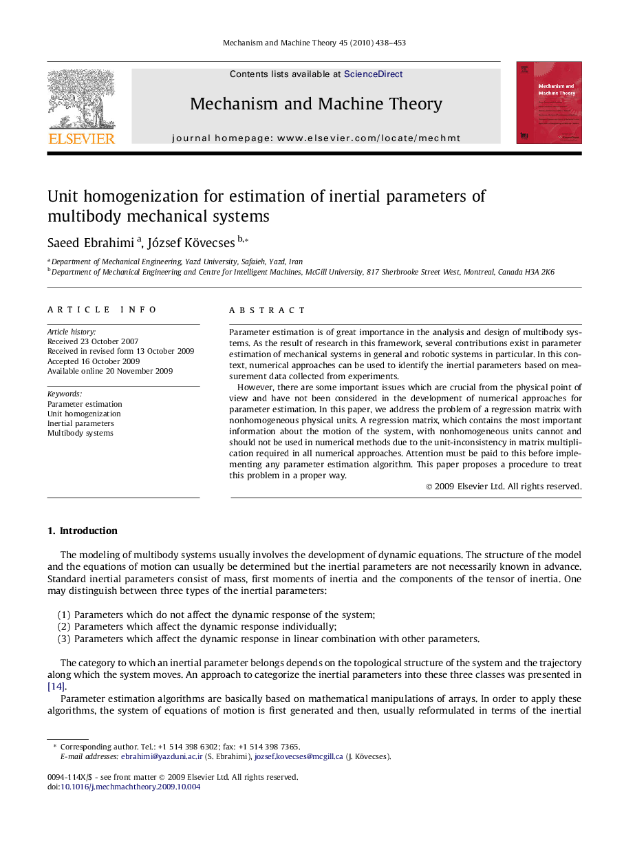 Unit homogenization for estimation of inertial parameters of multibody mechanical systems