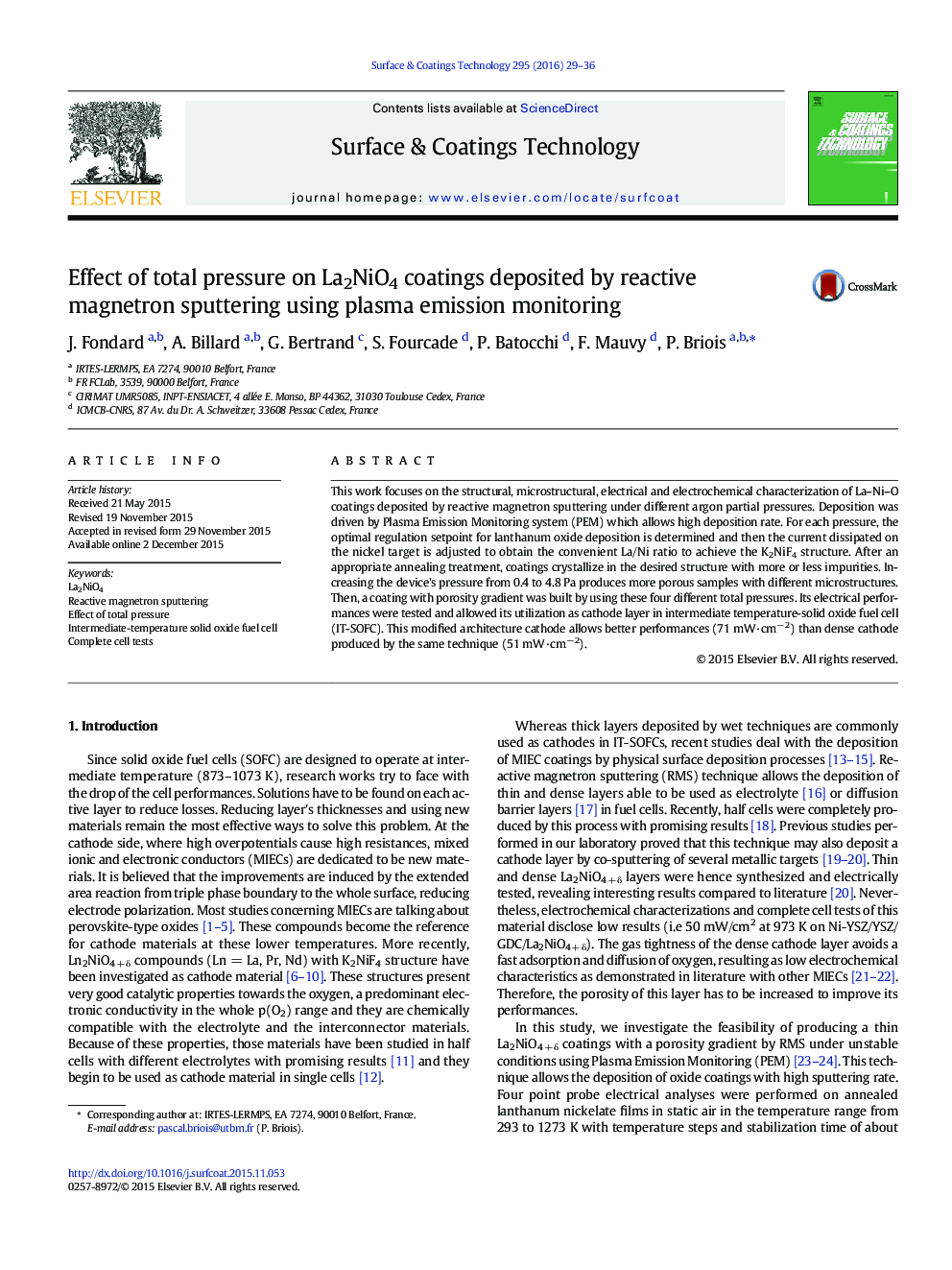 Effect of total pressure on La2NiO4 coatings deposited by reactive magnetron sputtering using plasma emission monitoring