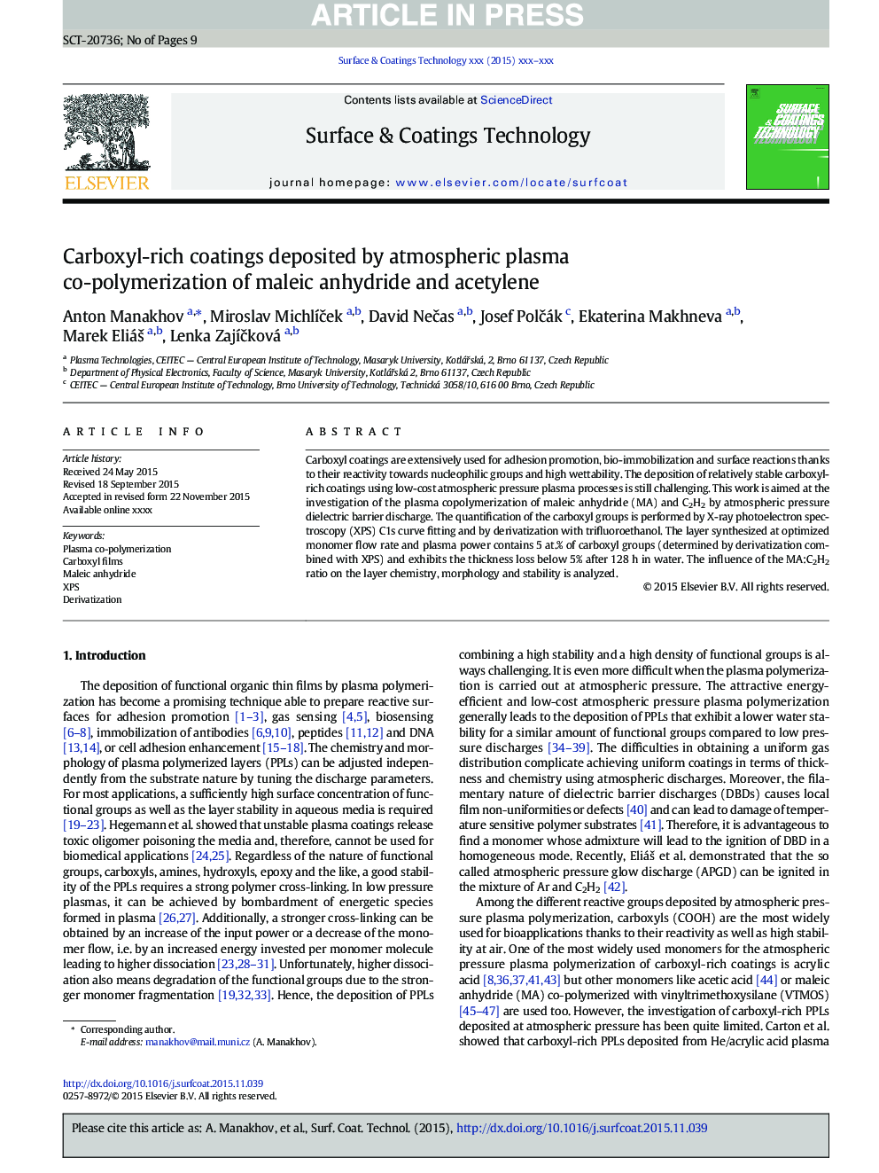 Carboxyl-rich coatings deposited by atmospheric plasma co-polymerization of maleic anhydride and acetylene