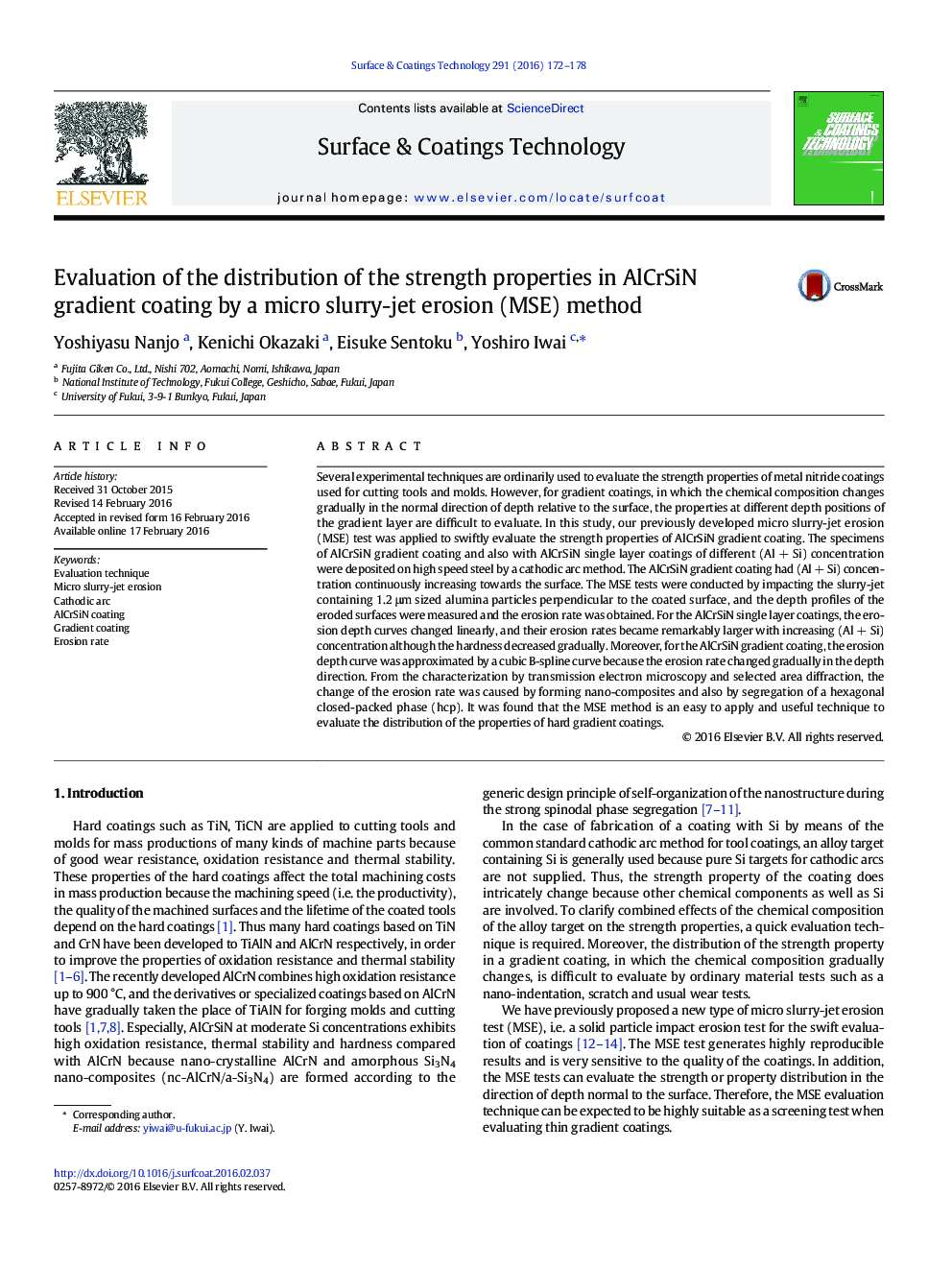 Evaluation of the distribution of the strength properties in AlCrSiN gradient coating by a micro slurry-jet erosion (MSE) method