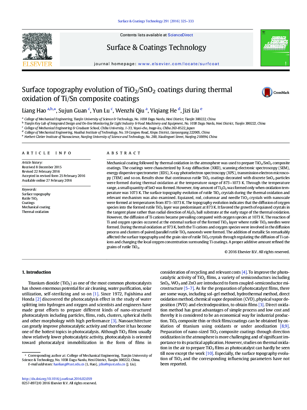 Surface topography evolution of TiO2/SnO2 coatings during thermal oxidation of Ti/Sn composite coatings