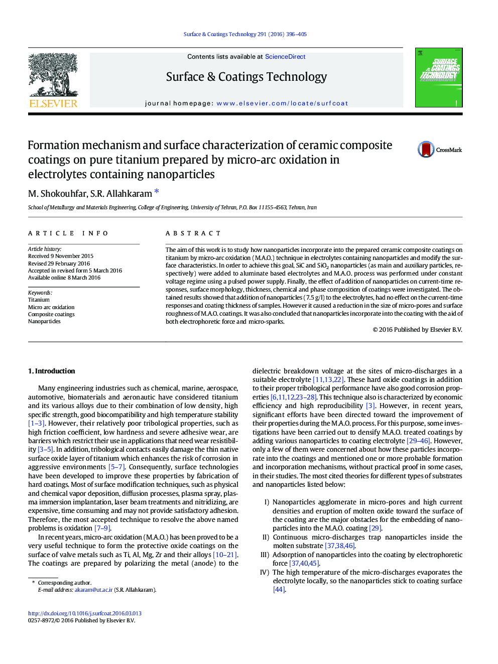 Formation mechanism and surface characterization of ceramic composite coatings on pure titanium prepared by micro-arc oxidation in electrolytes containing nanoparticles