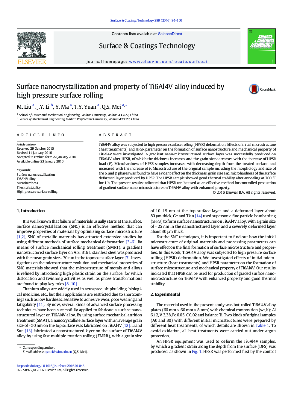 Surface nanocrystallization and property of Ti6Al4V alloy induced by high pressure surface rolling