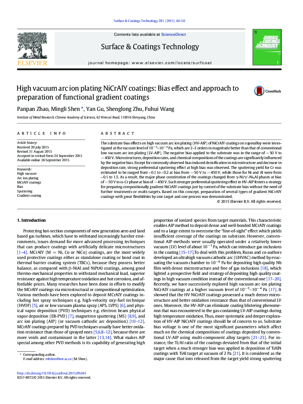 High vacuum arc ion plating NiCrAlY coatings: Bias effect and approach to preparation of functional gradient coatings