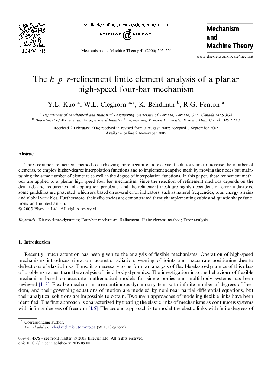 The h–p–r-refinement finite element analysis of a planar high-speed four-bar mechanism