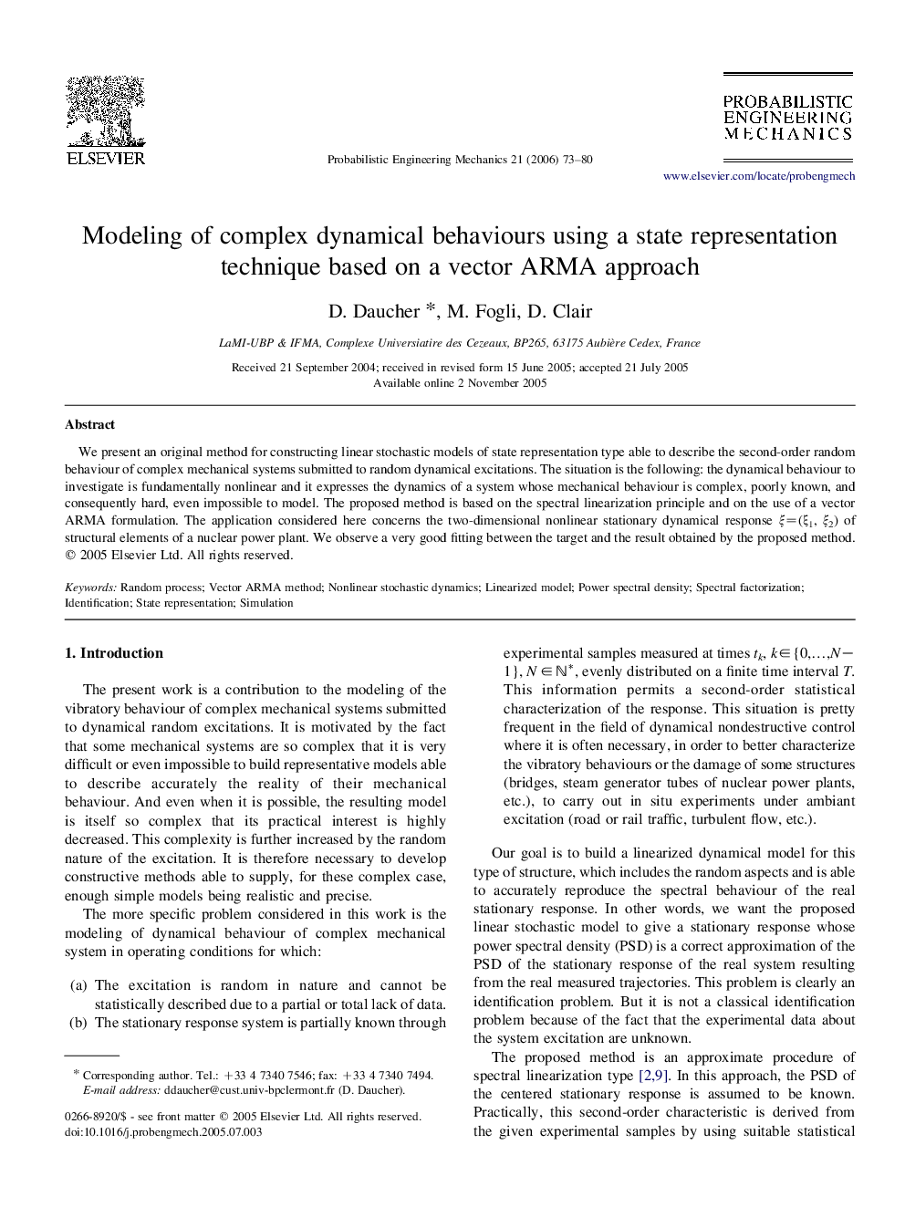 Modeling of complex dynamical behaviours using a state representation technique based on a vector ARMA approach