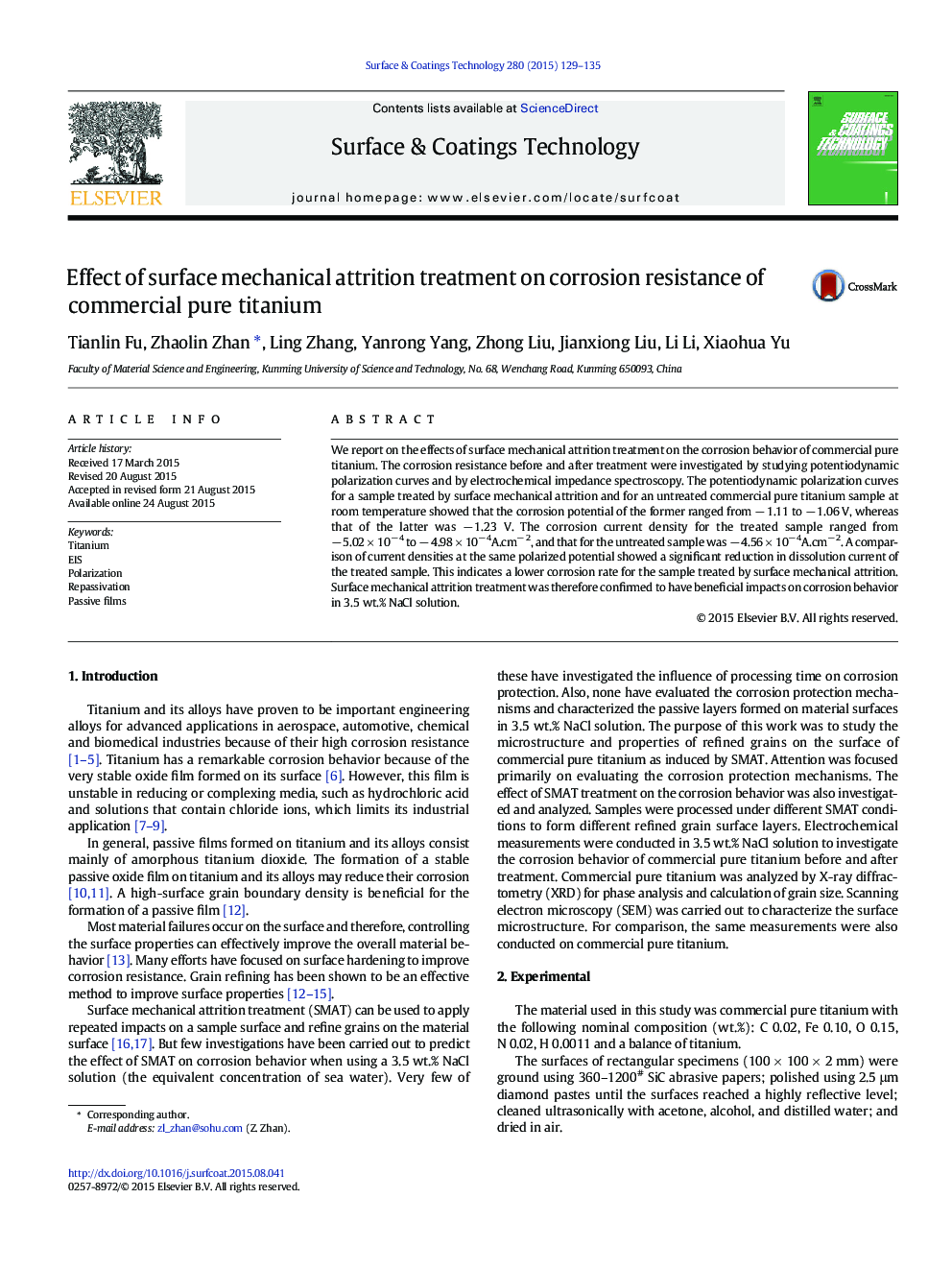 Effect of surface mechanical attrition treatment on corrosion resistance of commercial pure titanium