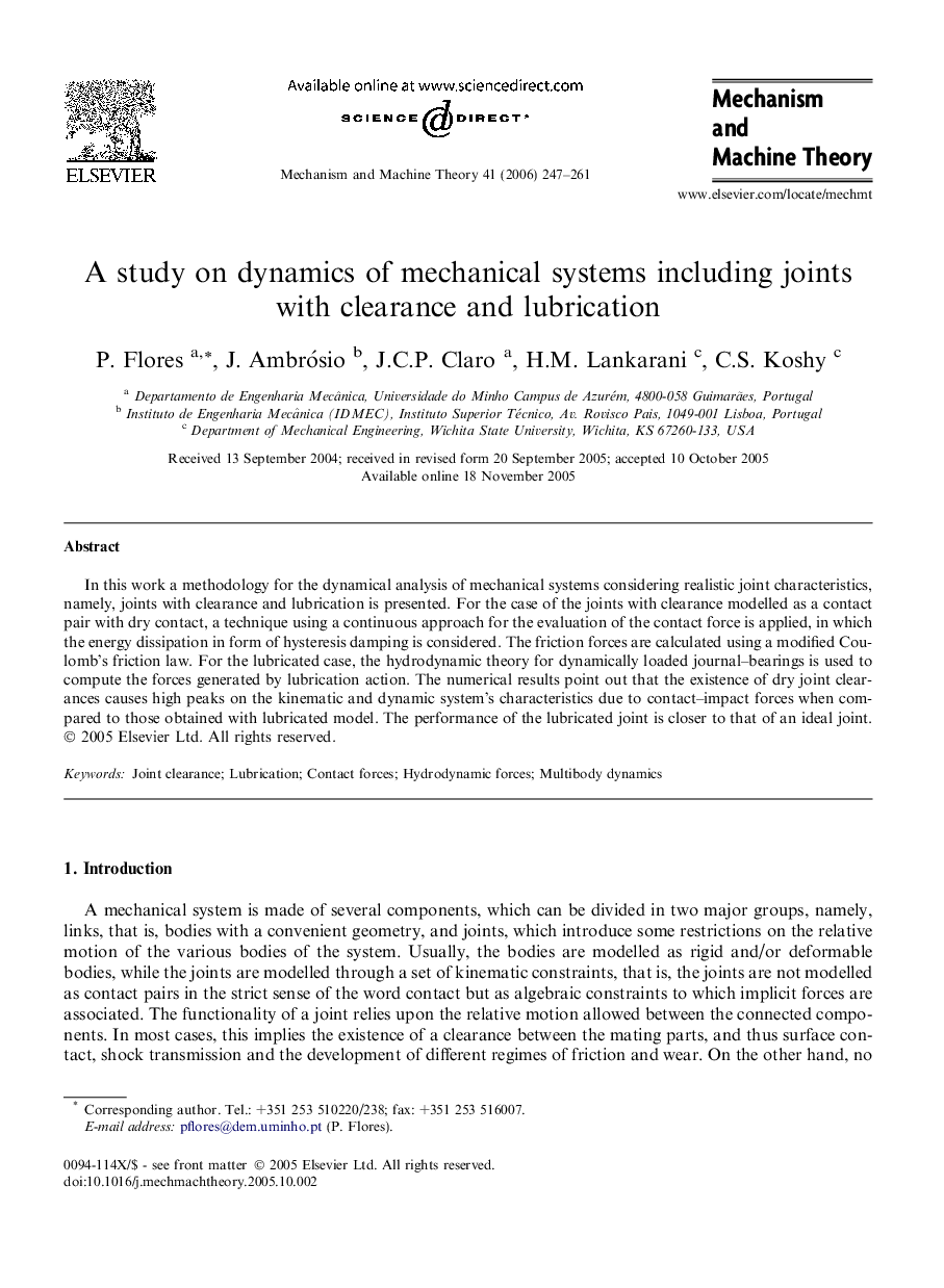 A study on dynamics of mechanical systems including joints with clearance and lubrication