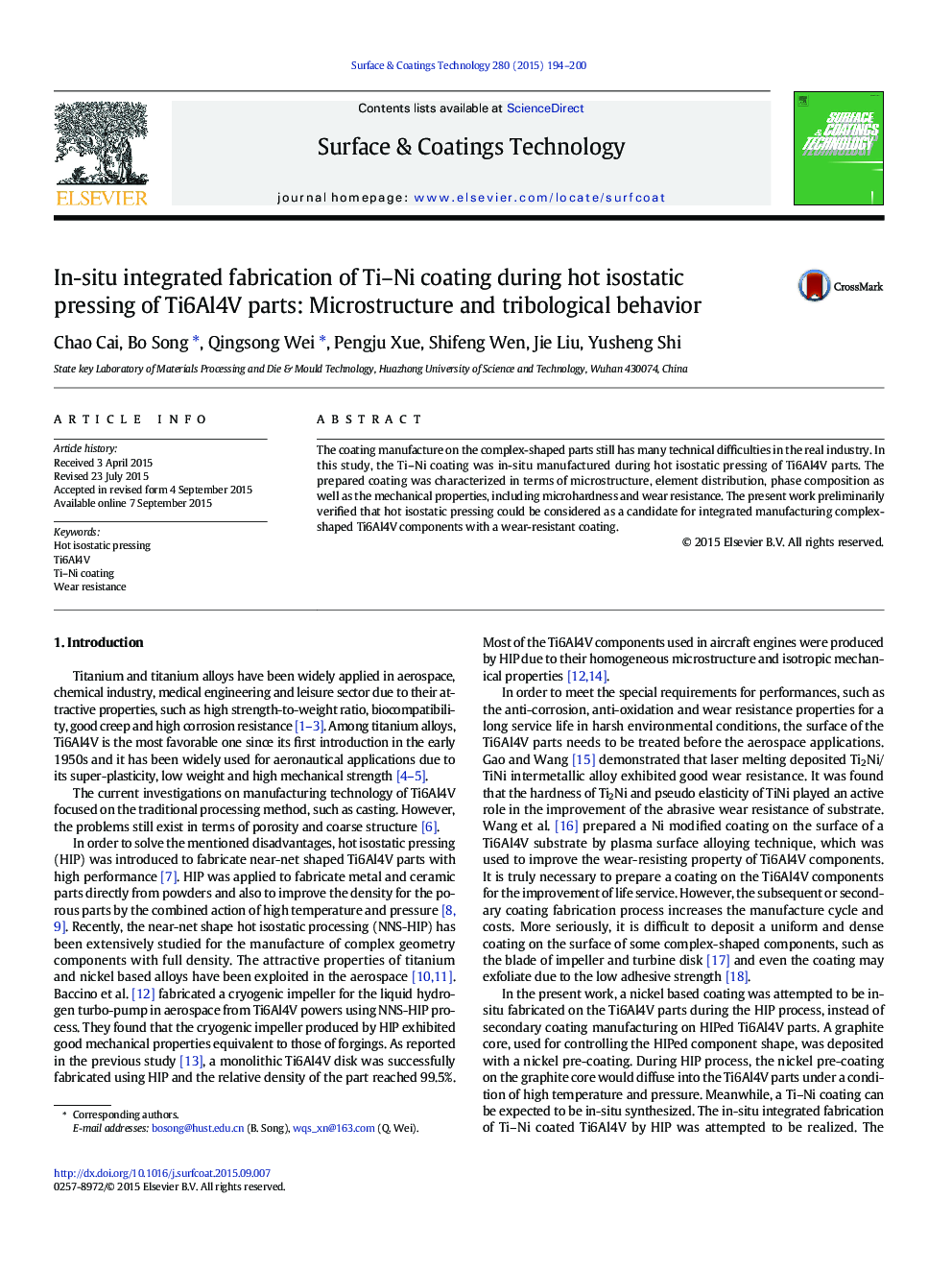 In-situ integrated fabrication of Ti-Ni coating during hot isostatic pressing of Ti6Al4V parts: Microstructure and tribological behavior