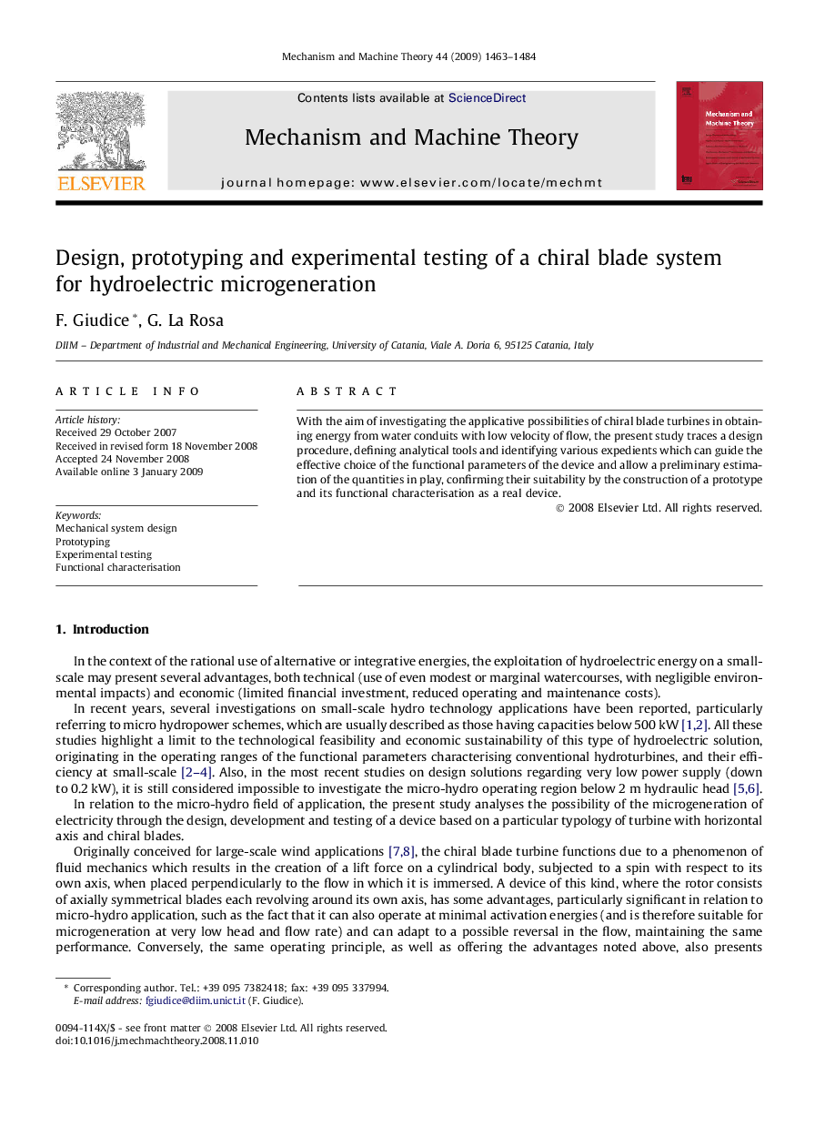 Design, prototyping and experimental testing of a chiral blade system for hydroelectric microgeneration