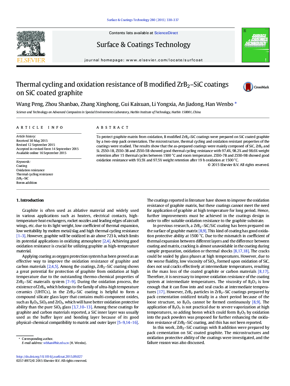 Thermal cycling and oxidation resistance of B modified ZrB2-SiC coatings on SiC coated graphite