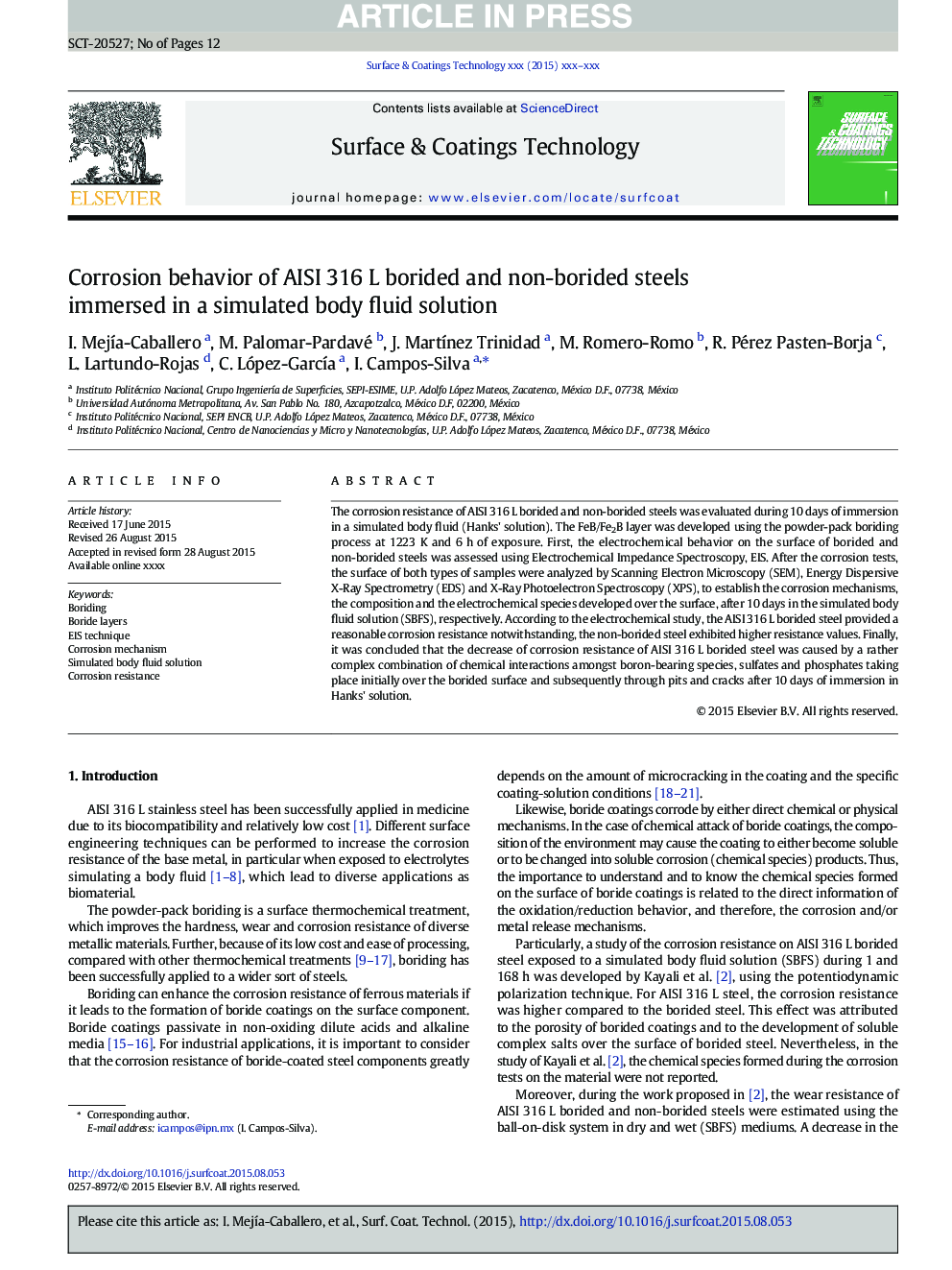 Corrosion behavior of AISI 316Â L borided and non-borided steels immersed in a simulated body fluid solution