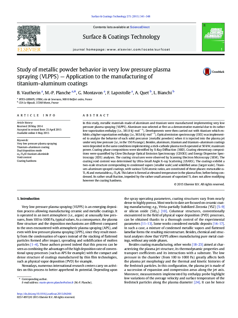 Study of metallic powder behavior in very low pressure plasma spraying (VLPPS) - Application to the manufacturing of titanium-aluminum coatings