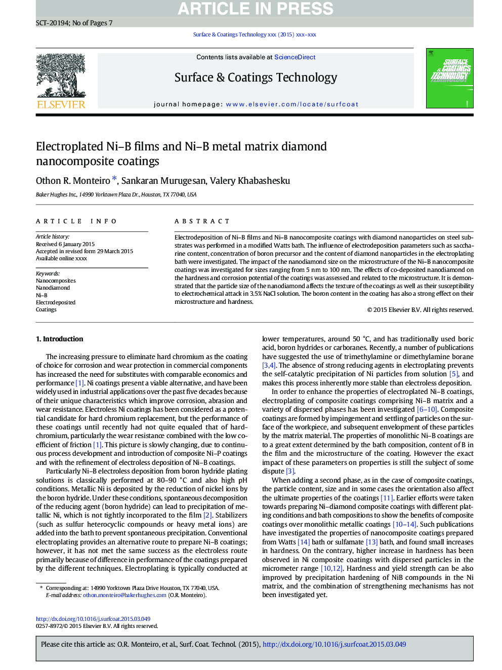 Electroplated Ni-B films and Ni-B metal matrix diamond nanocomposite coatings