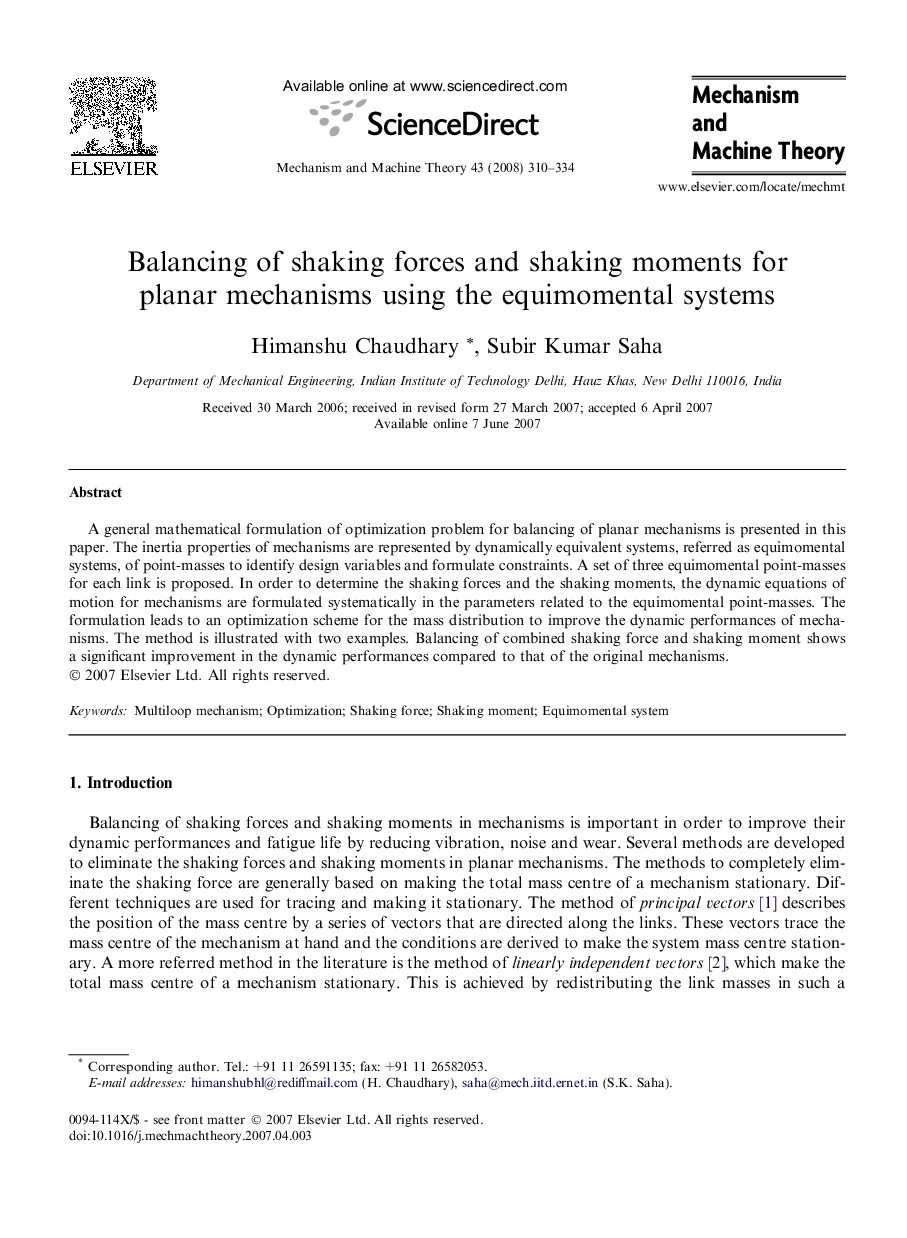 Balancing of shaking forces and shaking moments for planar mechanisms using the equimomental systems