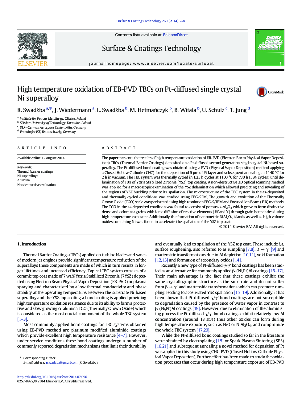 High temperature oxidation of EB-PVD TBCs on Pt-diffused single crystal Ni superalloy