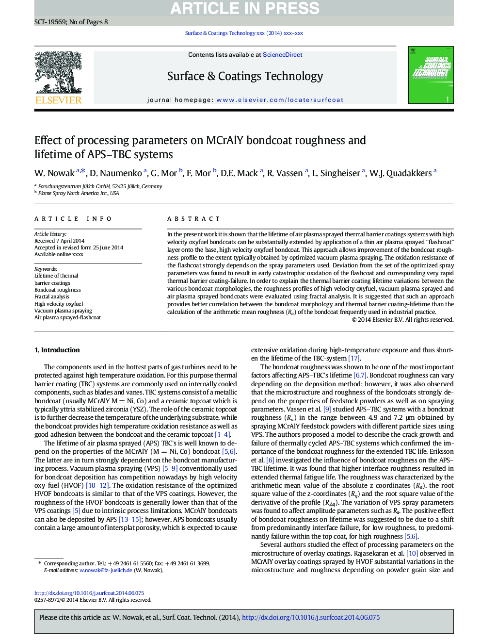 Effect of processing parameters on MCrAlY bondcoat roughness and lifetime of APS-TBC systems