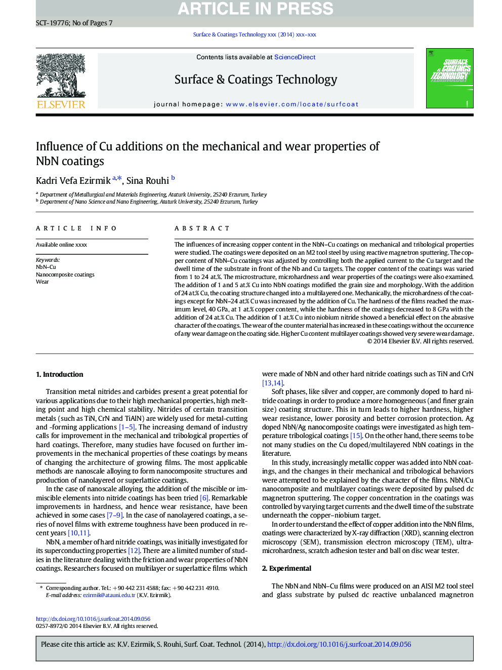 Influence of Cu additions on the mechanical and wear properties of NbN coatings