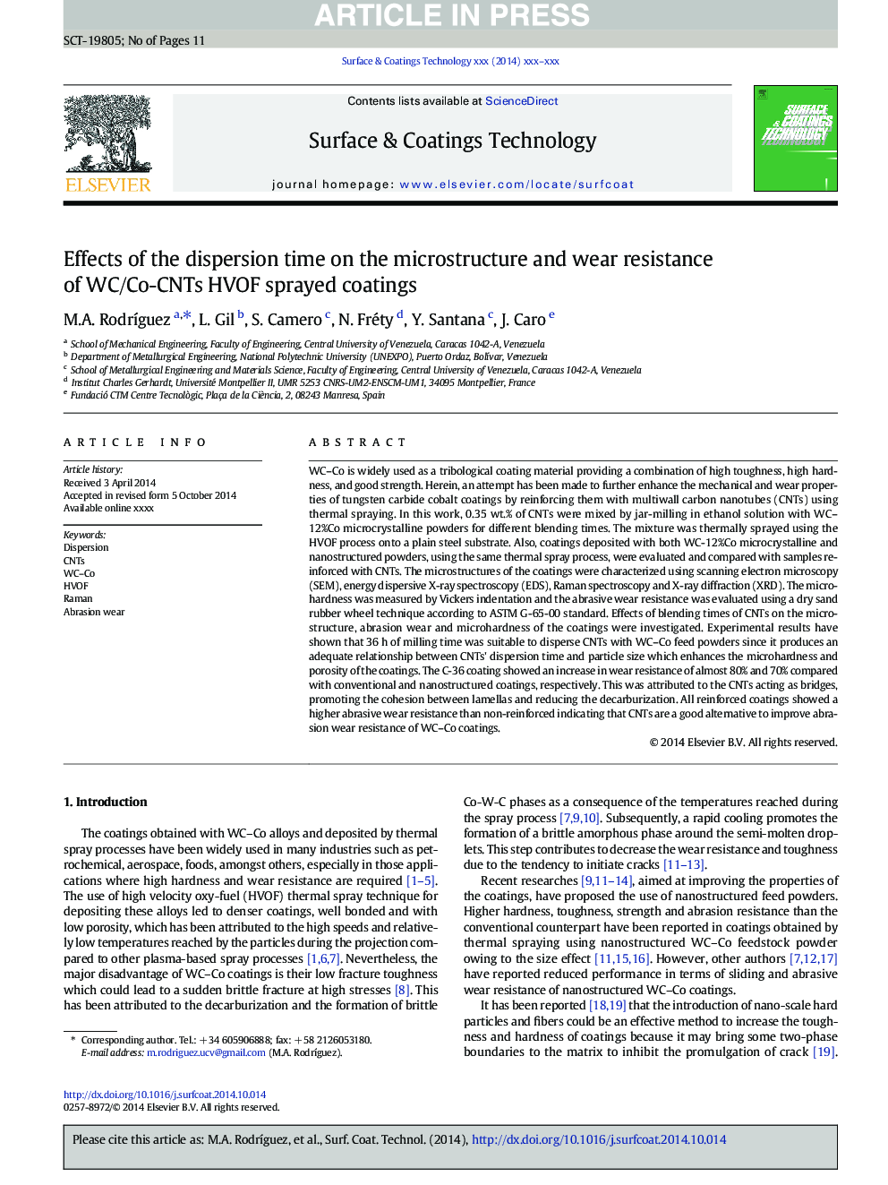 Effects of the dispersion time on the microstructure and wear resistance of WC/Co-CNTs HVOF sprayed coatings