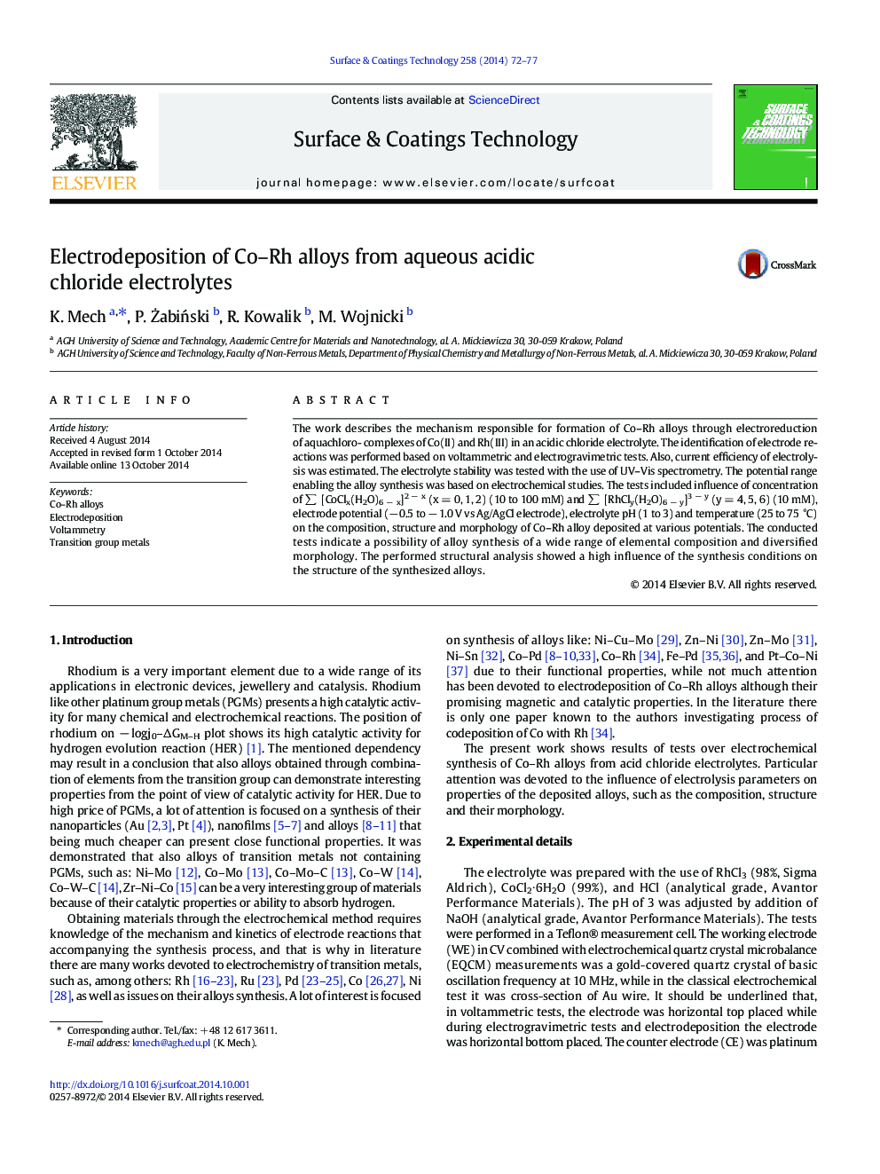 عکس صفحه اول مقاله: Electrodeposition of Co-Rh alloys from aqueous acidic chloride electrolytes Electrodeposition of Co-Rh alloys from aqueous acidic chloride electrolytes