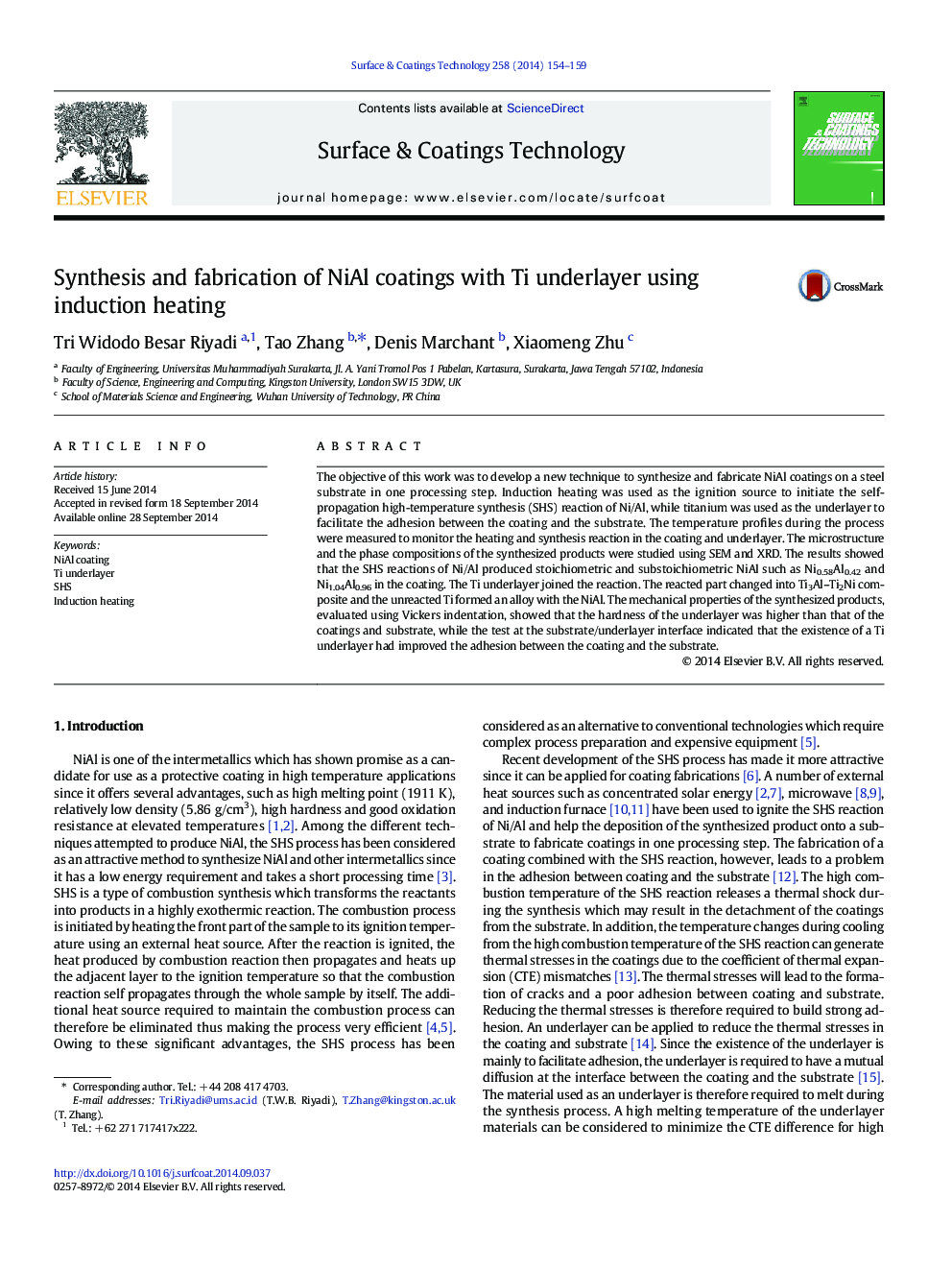 عکس صفحه اول مقاله: Synthesis and fabrication of NiAl coatings with Ti underlayer using induction heating Synthesis and fabrication of NiAl coatings with Ti underlayer using induction heating