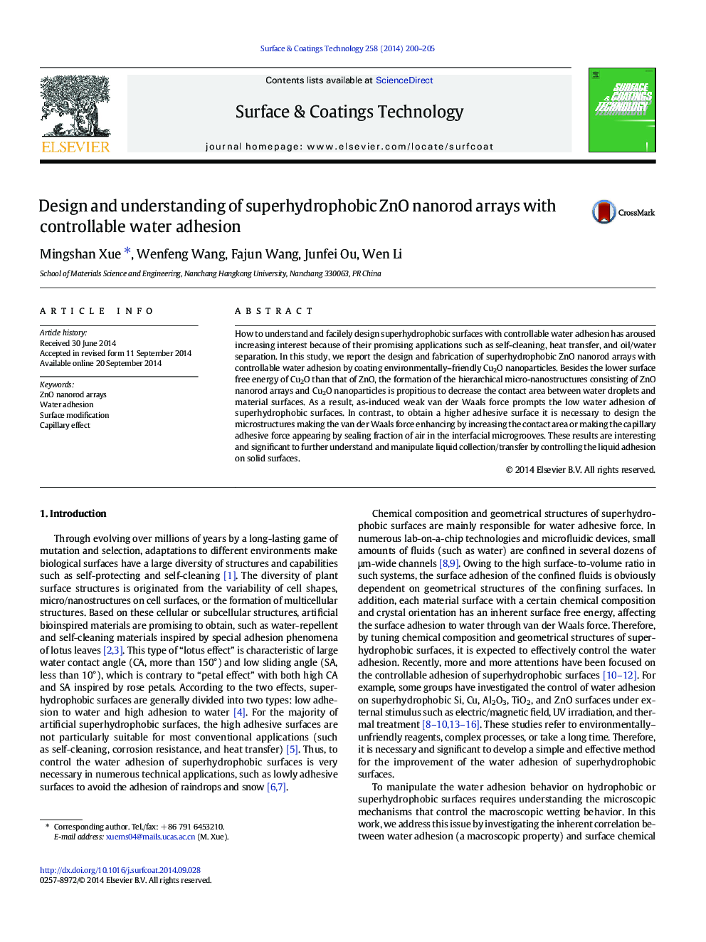 Design and understanding of superhydrophobic ZnO nanorod arrays with controllable water adhesion