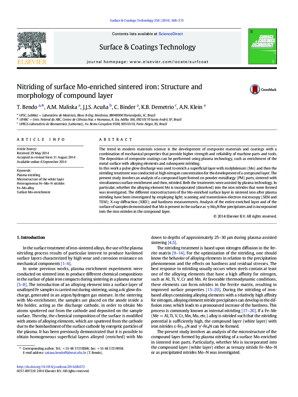 عکس صفحه اول مقاله: Nitriding of surface Mo-enriched sintered iron: Structure and morphology of compound layer Nitriding of surface Mo-enriched sintered iron: Structure and morphology of compound layer